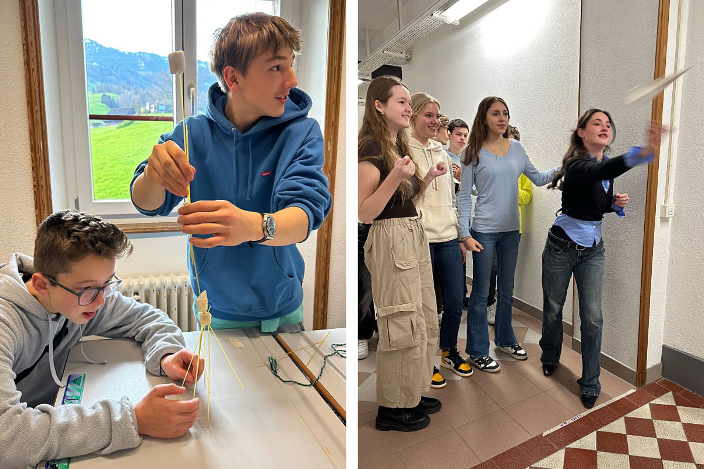 In den 3. Klassen wir geforscht und dokumentiert. Ausserdem werden Berechnungen in verschiedenen Research Projects wie Marshmallow (l.) und Paperplane Challange gemacht.